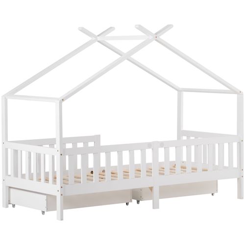 Lit Cabane Enfant 90x200 Cm, Forme De Maison, 2 Tiroirs De Rangement, Structure En Bois, Blanc