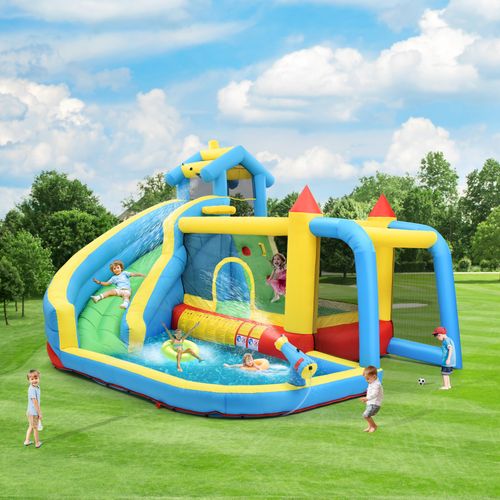 Château Gonflable 364x315x239 Cm, 5 Zones De Jeu Avec Toboggan Et Piscine, Tissu Oxford, Bleu