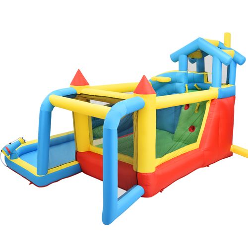 Château Gonflable 364x315x239 Cm, 5 Zones De Jeu Avec Toboggan Et Piscine, Tissu Oxford, Bleu