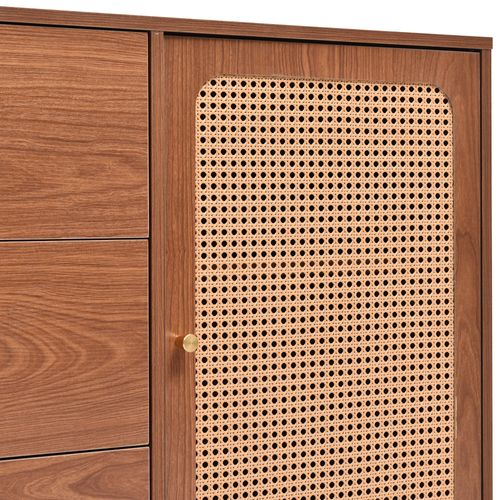 Buffet 3tiroirs 2 Portes,pied De Métal,design Simple,rotin Tressé,aggloméré+métal+mdf,bois