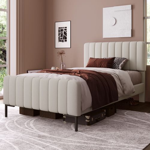 Lit 90x200cm, Cadre De Lit, Sommier, Tête De Lit Réglable En Hauteur, Lin, Métal, Beige/gris