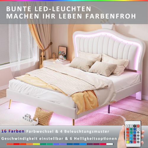 Lit 140x200cm, Lit Double, Tête De Lit, Cadre De Lit, Sommier, LED, Simili-cuir, Blanc