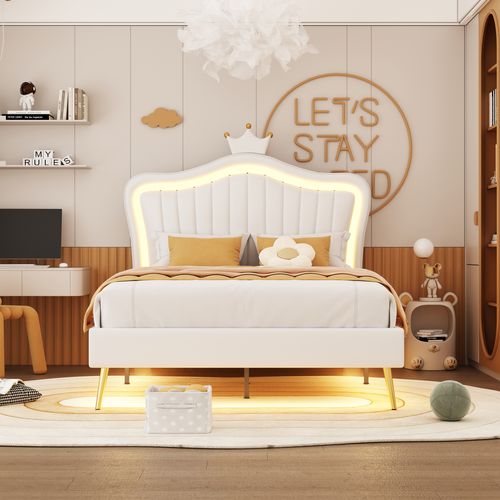 Lit 90x200cm, Lit Simple, Lit Enfant, Tête De Lit, Cadre De Lit, Sommier, LED, Simili-cuir, Blanc