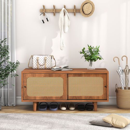 Meuble à Chaussures,2 Portes En Rotin Plastique,rayon Réglable,moderne,aggloméré,bois