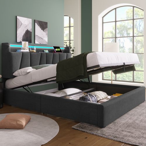 Lit Coffre 140x200 Cm, Tête De Lit Avec Prises USB, Rangement Intégré, LED, Fer, Bois, Lin, Gris