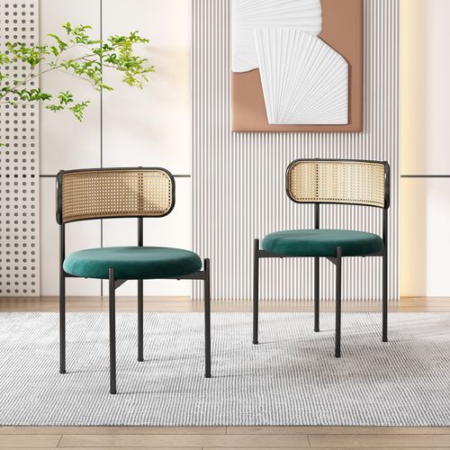 Lot De 2 Chaises, Pieds En Métal, Pieds En Métal, Dossier En Rotin, Velours, Métal, Vert
