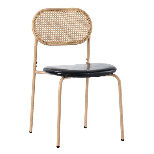 Lot De 4 Chaises De Salle à Manger 48x46x80 Cm, Dossier Rotin, Assise Pu, Pieds Métal, Noir+brun