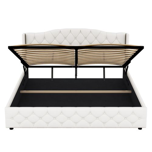 Lit Coffre 180x200 Cm, Rangement Caché, Grand Volume, Revêtement En Lin Et Mdf, Couleur Beige