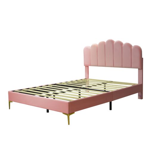 Lit Double 140x200 Cm, Tête Réglable En 3 Positions, Mdf Et Métal, Design Moderne, Velours Rose