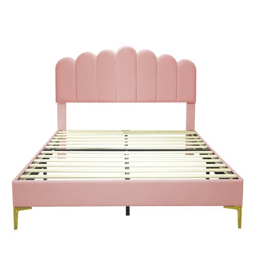 Lit Double 140x200 Cm, Tête Réglable En 3 Positions, Mdf Et Métal, Design Moderne, Velours Rose