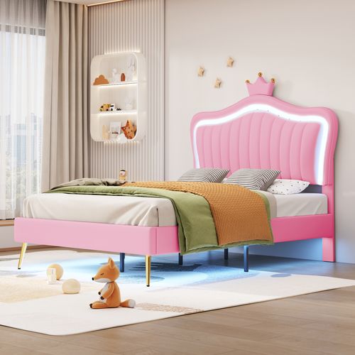 Lit 90x200cm, Lit Simple, Lit Enfant, Tête De Lit, Cadre De Lit, Sommier, LED, Simili-cuir, Rose