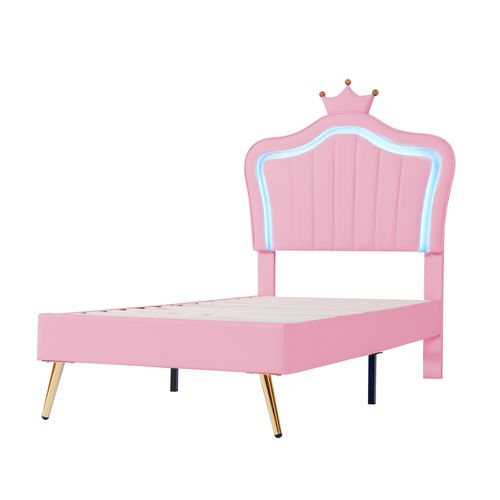 Lit 90x200cm, Lit Simple, Lit Enfant, Tête De Lit, Cadre De Lit, Sommier, LED, Simili-cuir, Rose