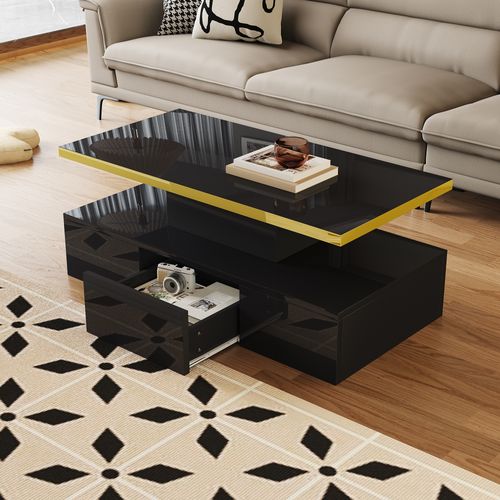 Table Basse 100x50x38.5 Cm, 2 Étagères, 1 Tiroir, LED, Plateau En Finition Brillante, Noir+doré