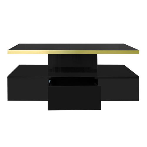 Table Basse 100x50x38.5 Cm, 2 Étagères, 1 Tiroir, LED, Plateau En Finition Brillante, Noir+doré