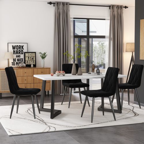 Lot De 4 Chaises 46x45x86cm, Dossier En Motif Chevrons, Velours, Pieds En Métal Noir