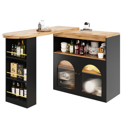 Table De Bar Extensible 138x39x105 Cm, Rotation 360 Degrés, LED Réglable, Mdf, Couleur Noir+bois