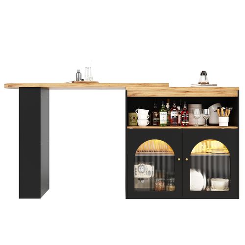 Table De Bar Extensible 138x39x105 Cm, Rotation 360 Degrés, LED Réglable, Mdf, Couleur Noir+bois