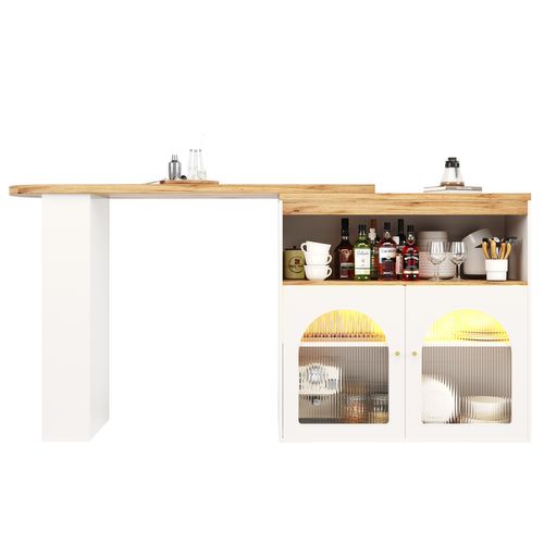 Table De Bar Extensible 138x39x105 Cm, Bande LED, 2 Portes, 4 Niches, Mdf, Métal, Couleur Blanc+bois