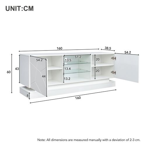 Meuble TV 160x38,5x60 Cm, Rangement, Charnières Silencieuses, Panneaux De Particules, Blanc