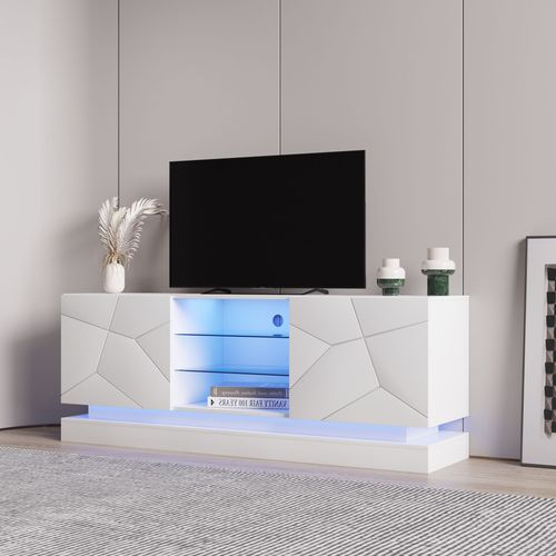 Meuble TV 160x38,5x60 Cm, Rangement, Charnières Silencieuses, Panneaux De Particules, Blanc