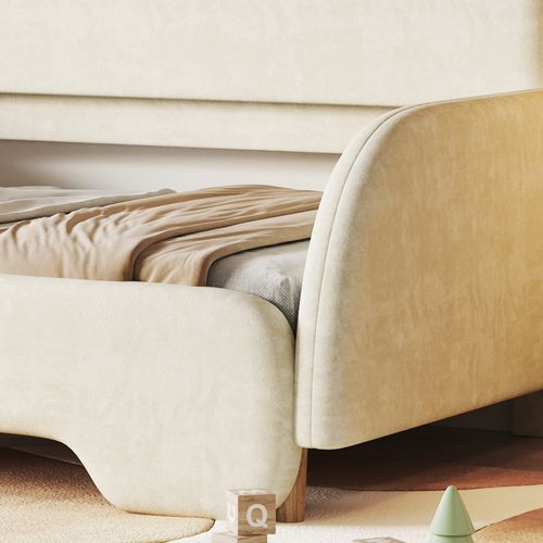 Lit Gigogne Double 140x200 Cm En Forme D'ours, Avec Lattes En Bois, Velours, Beige, Bords Doux