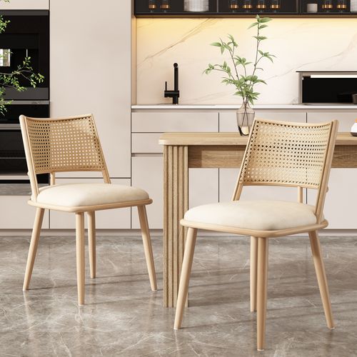 Lot De 4 Chaises 50x48x80 Cm, Assise En Pu, Dossier En Rotin, Structure Métal, Couleur Beige+brun