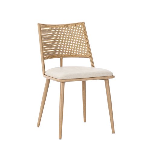 Lot De 4 Chaises 50x48x80 Cm, Assise En Pu, Dossier En Rotin, Structure Métal, Couleur Beige+brun