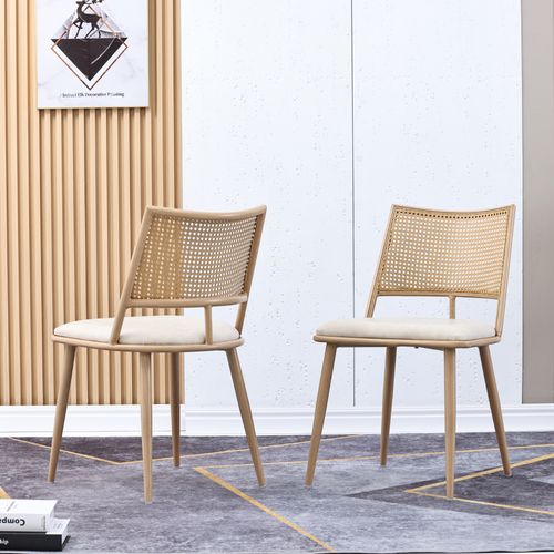 Lot De 4 Chaises 50x48x80 Cm, Assise En Pu, Dossier En Rotin, Structure Métal, Couleur Beige+brun