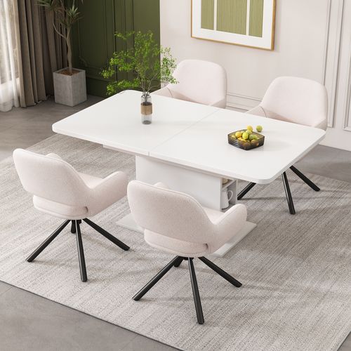 Lot De 4 Chaises 60x60x80cm, Dossier Doux, Chaise Rotative Avec Accoudoirs, Métal+bois+sherpa, Blanc