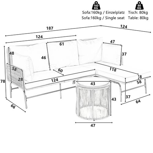 Salon De Jardin D Angle, Avec Table, Structure Acier, Corde Tressée, Couleur Beige, Coussins Épais