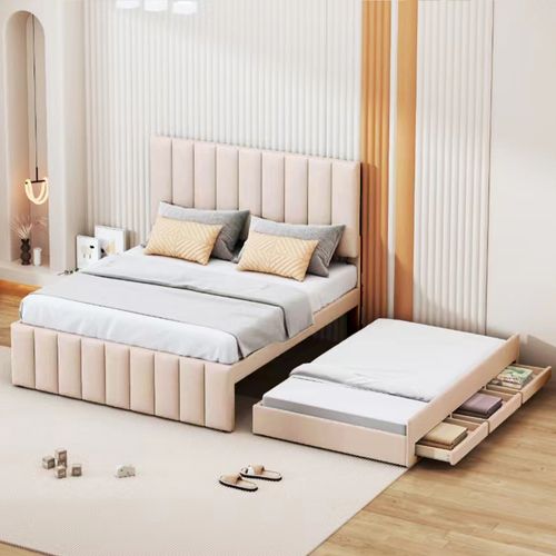 Lit Double 140x200 Cm, Lit Gigogne 90x190 Cm, 3 Tiroirs, Tête De Lit Réglable, Coton-lin, Beige