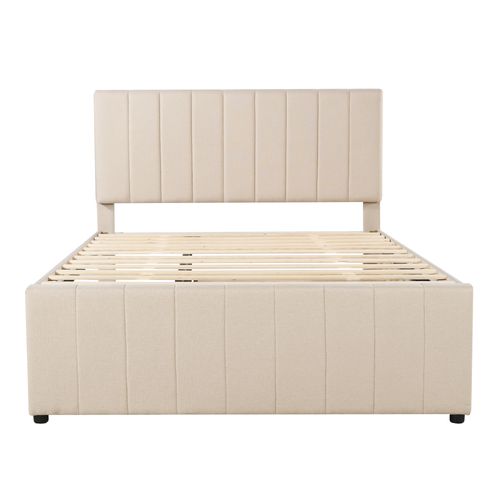 Lit Double 140x200 Cm, Lit Gigogne 90x190 Cm, 3 Tiroirs, Tête De Lit Réglable, Coton-lin, Beige