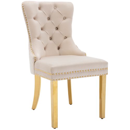 Lot De 4 Chaise 65.5x51x95 Cm, Dossier Avec Heurtoir Rond, Pieds En Acier Doré, Velours Beige