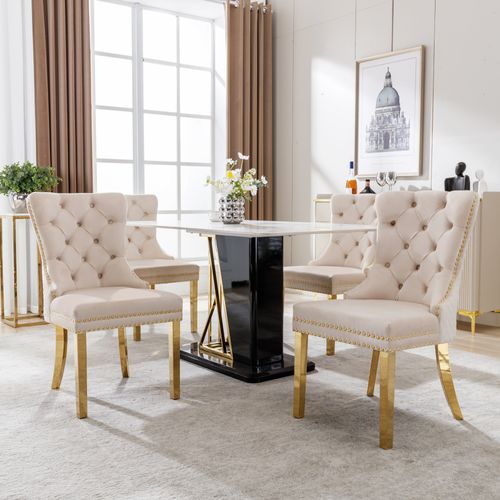 Lot De 4 Chaise 65.5x51x95 Cm, Dossier Avec Heurtoir Rond, Pieds En Acier Doré, Velours Beige
