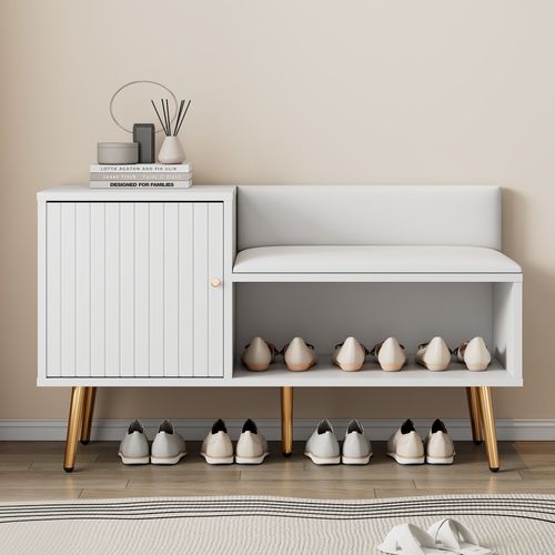 Banc à Chaussures 100x38x58 Cm, Assise Matelassée Et Dossier, Panneau De Particules, Blanc+doré
