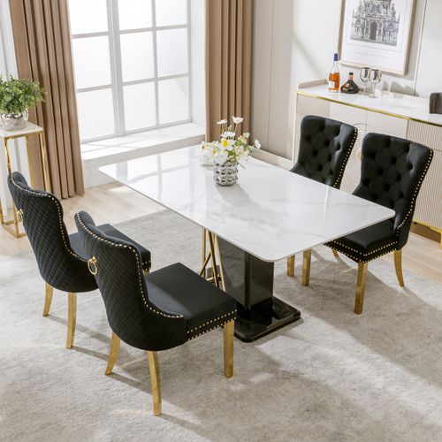 Lot De 4 Chaises 65.5x51x95cm, Clous Décoratifs, Pieds En Acier Doré, Velours, Noir+doré