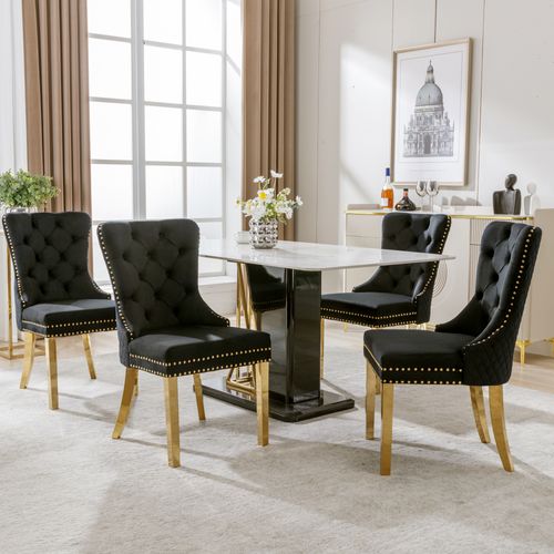 Lot De 4 Chaises 65.5x51x95cm, Clous Décoratifs, Pieds En Acier Doré, Velours, Noir+doré