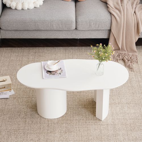 Table Basse 100x50x40.5 Cm, Design Irrégulier, Mdf Laqué, Couleur Blanche