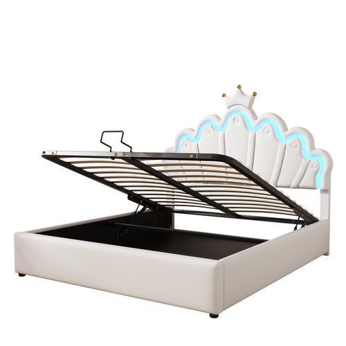 Lit Coffre 140x200 Cm, Tête En Forme De Nuage Avec Couronne Et LED, Rangement Hydraulique, Pu, Blanc