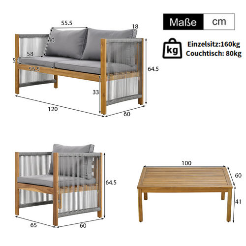 Salon De Jardin 4 Places, Canapé 2 Places, 2 Fauteuils Et 1 Table Basse, Cordage Et Bois, Gris+bois