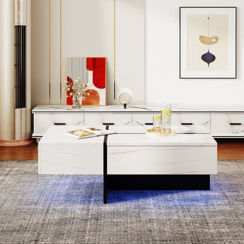 Table Basse Moderne 100x50x34,5 Cm Avec Motif Marbre, LED, 3 Tiroirs, Panneaux De Particules, Blanc