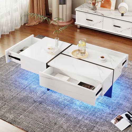 Table Basse Moderne 100x50x34,5 Cm Avec Motif Marbre, LED, 3 Tiroirs, Panneaux De Particules, Blanc