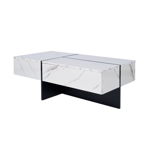 Table Basse Moderne 100x50x34,5 Cm Avec Motif Marbre, LED, 3 Tiroirs, Panneaux De Particules, Blanc