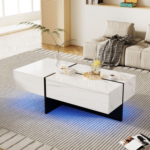 Table Basse Moderne 100x50x34,5 Cm Avec Motif Marbre, LED, 3 Tiroirs, Panneaux De Particules, Blanc