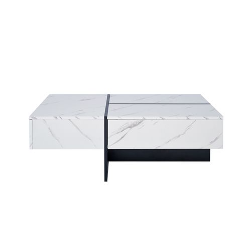 Table Basse Moderne 100x50x34,5 Cm Avec Motif Marbre, LED, 3 Tiroirs, Panneaux De Particules, Blanc