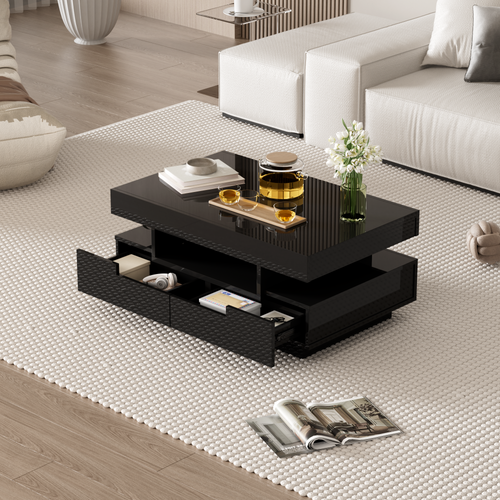 Table Basse 80x50x36 Cm, LED, 4 Tiroirs Et Rangement Ouvert, Panneau De Particules, Noir