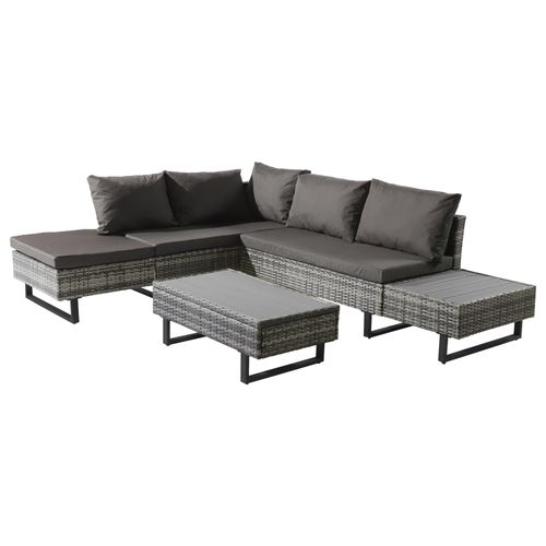 Salon De Jardin, Canapé Modulable Avec Table Basse, Structure Acier, Résine Tressée Pe, Gris