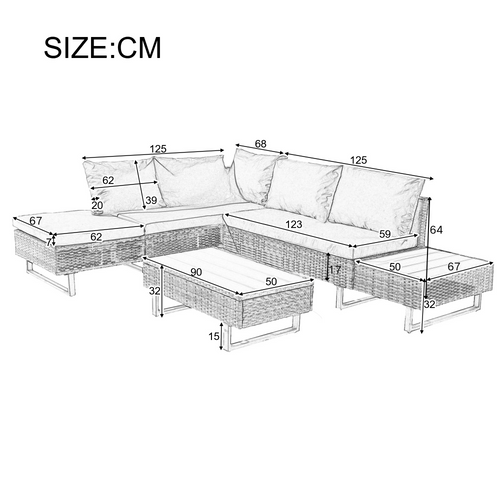 Salon De Jardin, Canapé Modulable Inclinable, Table Basse, Pe Rotin, Acier, Tissu Polyester, Kaki
