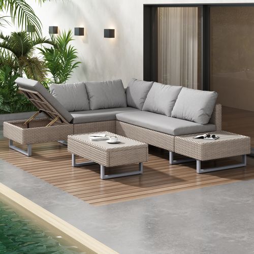 Salon De Jardin, Canapé Modulable Inclinable, Table Basse, Pe Rotin, Acier, Tissu Polyester, Kaki