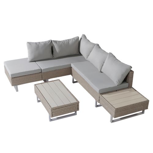 Salon De Jardin, Canapé Modulable Inclinable, Table Basse, Pe Rotin, Acier, Tissu Polyester, Kaki